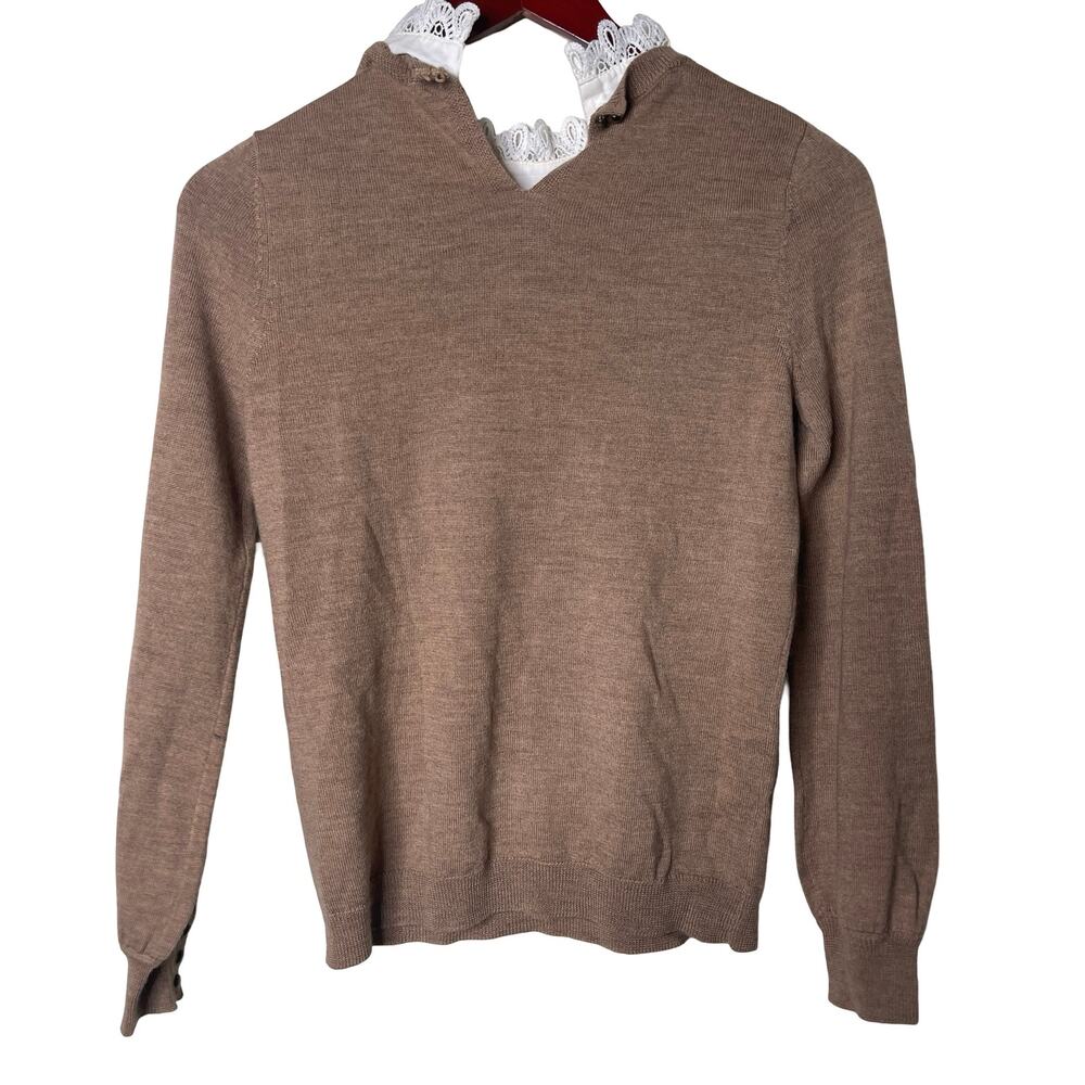 Sezane Eduardo camel latte merino wool jumper white lace collar XS - Picture 4 of 10